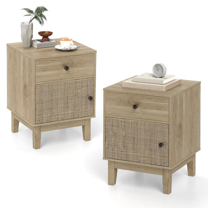 Rattan Nightstand Set of 2 with Storage Drawer and Cabinet-Natural