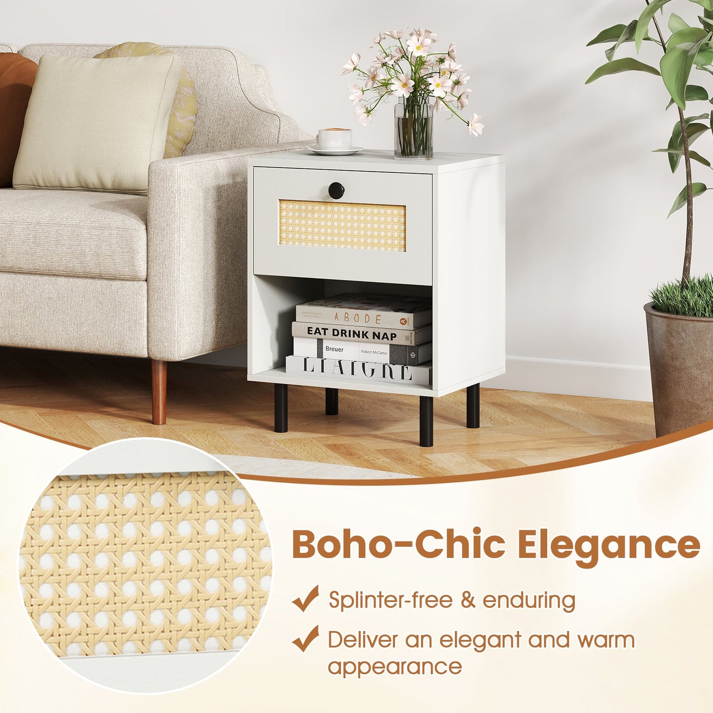 Rattan Nightstand with Drawer and Open Storage Shelf for Living Room Set of 2-White