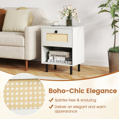 Rattan Nightstand with Drawer and Open Storage Shelf for Living Room Set of 2-White