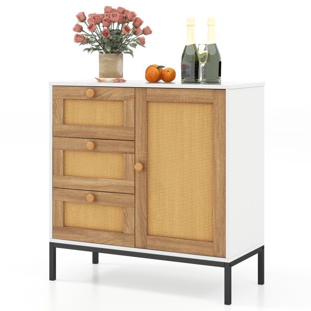 Rattan Sideboard Buffet Cabinet and 2-Tier PE Rattan Round Side End Table