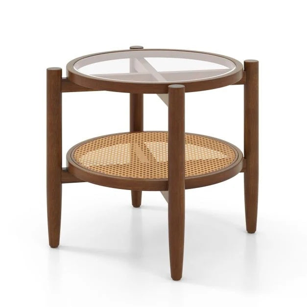 Rattan Sideboard Buffet Cabinet and 2-Tier PE Rattan Round Side End Table