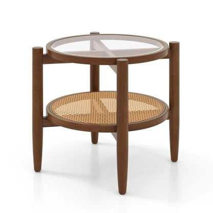 Rattan Sideboard Buffet Cabinet and 2-Tier PE Rattan Round Side End Table