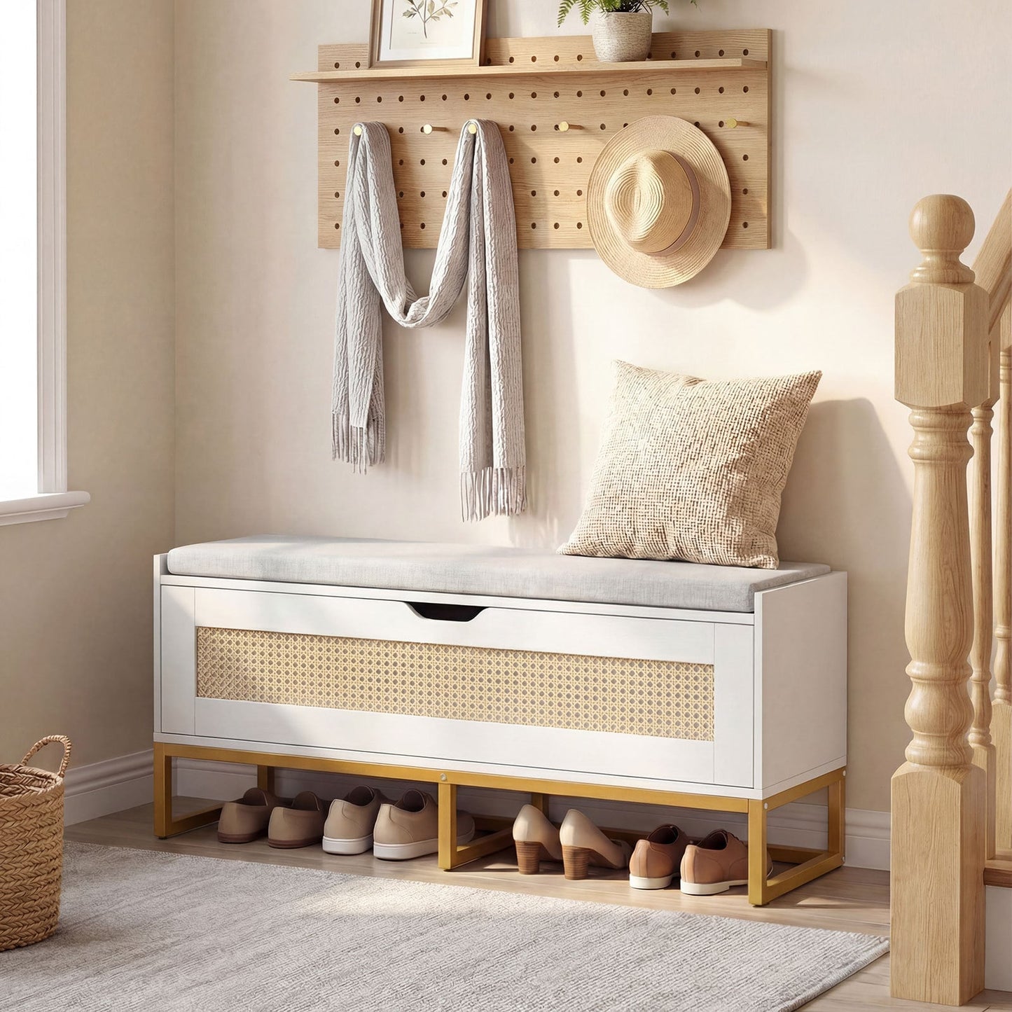 Rattan Storage Chest Wicker Shoe Bench with Padded Seat-White
