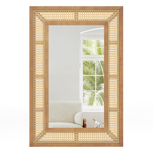 Rattan Wall Mirror Bohemian Rectangular Decorative Mirror with Wooden Frame-Natural