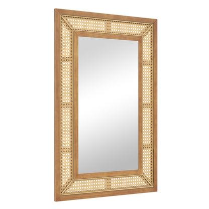Rattan Wall Mirror Bohemian Rectangular Decorative Mirror with Wooden Frame-Natural