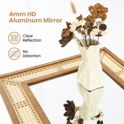 Rattan Wall Mirror Bohemian Rectangular Decorative Mirror with Wooden Frame-Natural