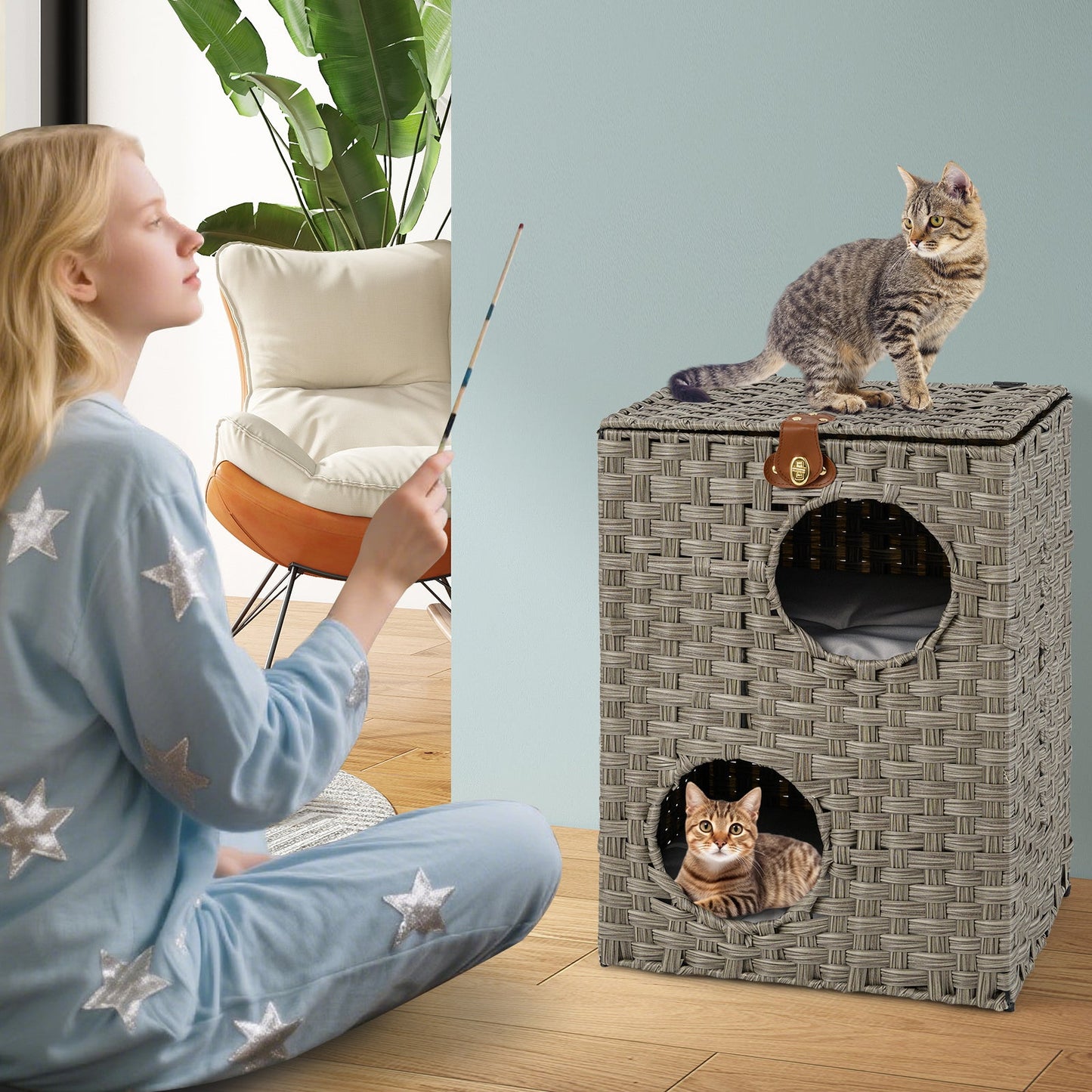 Rattan Cat House for Indoor 2-Tier Cat Condo Space Saving Kitty Bed Footrest Nightstand-Grey