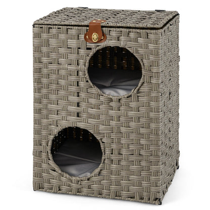Rattan Cat House for Indoor 2-Tier Cat Condo Space Saving Kitty Bed Footrest Nightstand-Grey