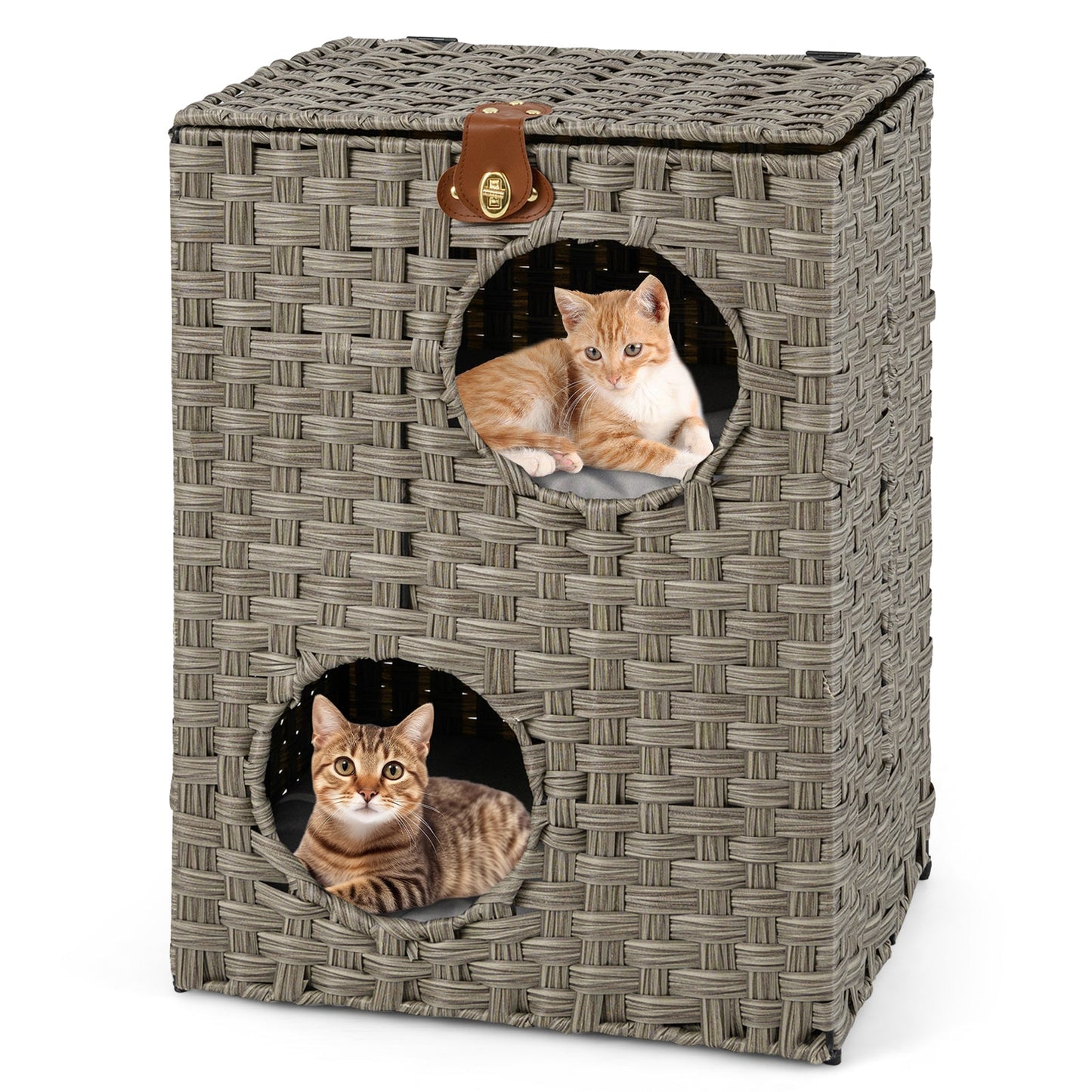 Rattan Cat House for Indoor 2-Tier Cat Condo Space Saving Kitty Bed Footrest Nightstand-Grey