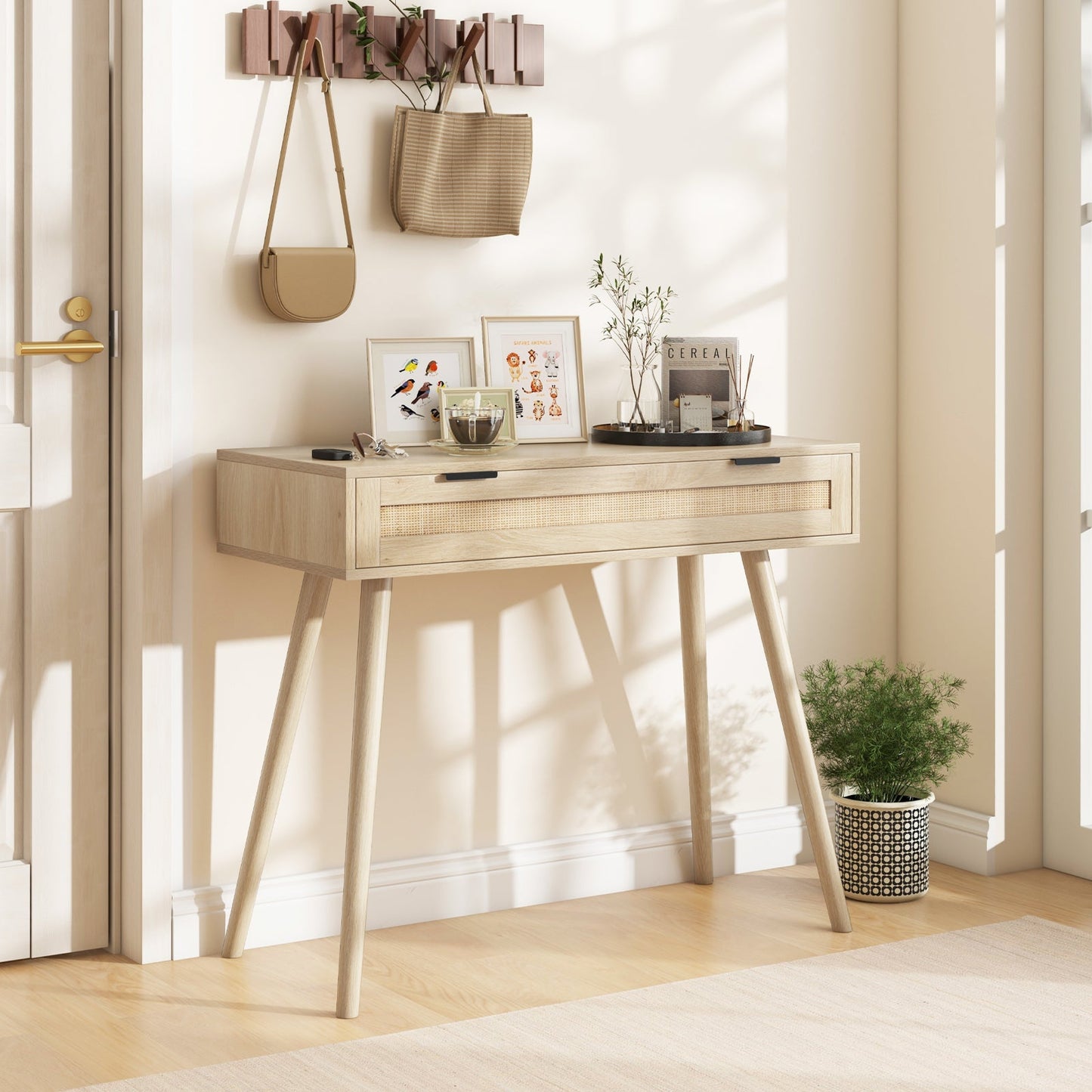 Rattan Console Table with Pull-out Drawer-Natural