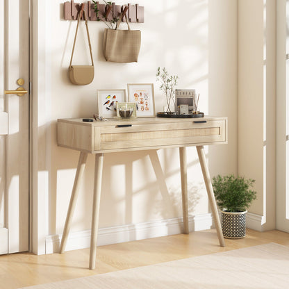 Rattan Console Table with Pull-out Drawer-Natural