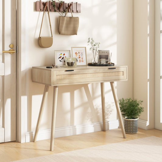 Rattan Console Table with Pull-out Drawer-Natural