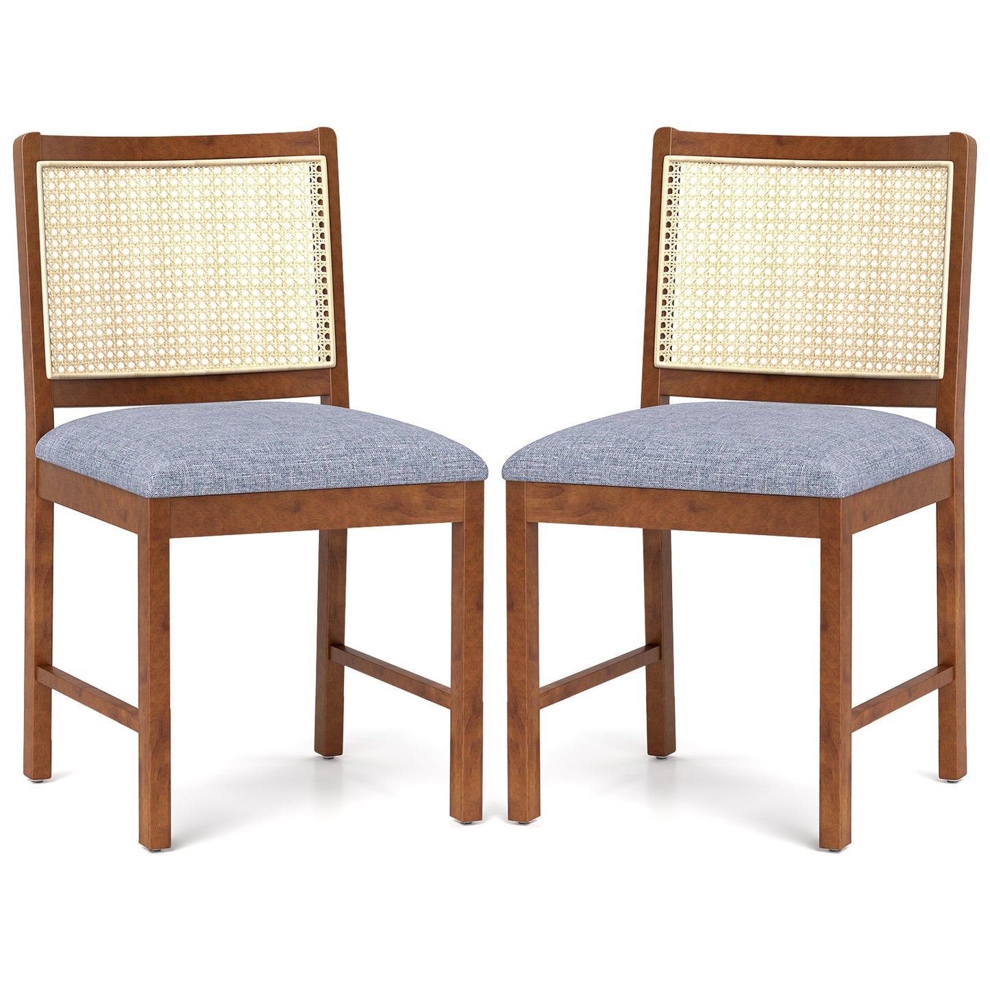 Rattan Dining Chair Set of 2 with Rubber Wood Frame and Linen Fabric Padded-Walnut