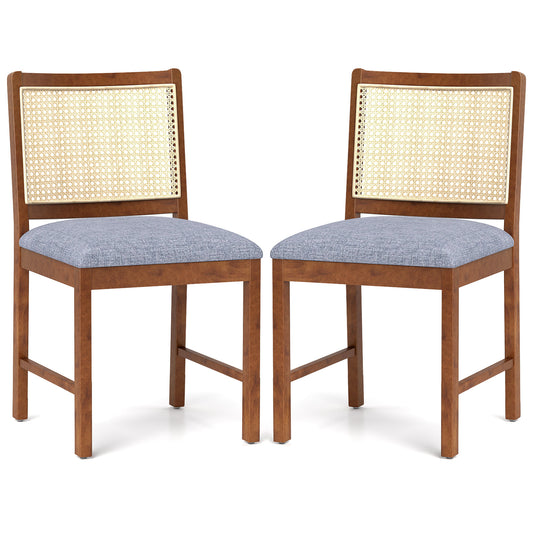 Rattan Dining Chair Set of 2 with Rubber Wood Frame and Linen Fabric Padded-Walnut