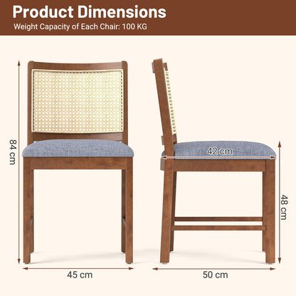 Rattan Dining Chair Set of 2 with Rubber Wood Frame and Linen Fabric Padded-Walnut