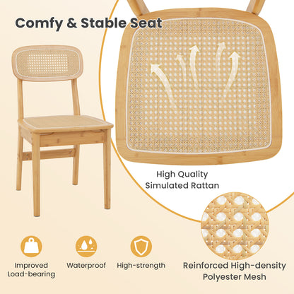 Rattan Dining Chairs Set of 2 with Simulated Rattan Backrest and Wood Frame-Natural