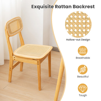 Rattan Dining Chairs Set of 2 with Simulated Rattan Backrest and Wood Frame-Natural