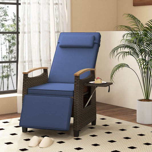 Patio Rattan Lounge Chair Recliner with Adjustable Footrest and Side Table-Navy