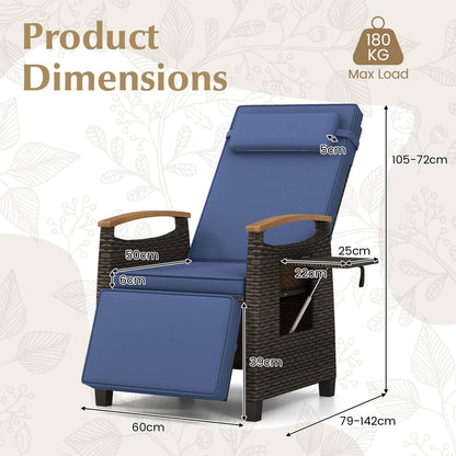 Patio Rattan Lounge Chair Recliner with Adjustable Footrest and Side Table-Navy