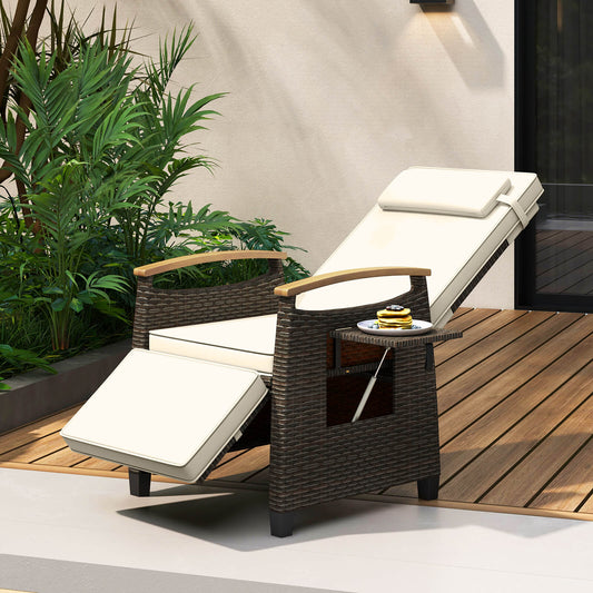 Patio Rattan Lounge Chair Recliner with Adjustable Footrest and Side Table-Off White