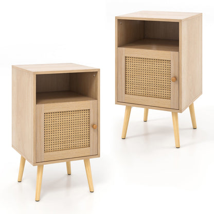 Rattan Nightstand with Storage and PE Rattan Decorated Door-Natural-2 Pack