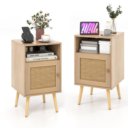 Rattan Nightstand with Storage and PE Rattan Decorated Door-Natural-2 Pack