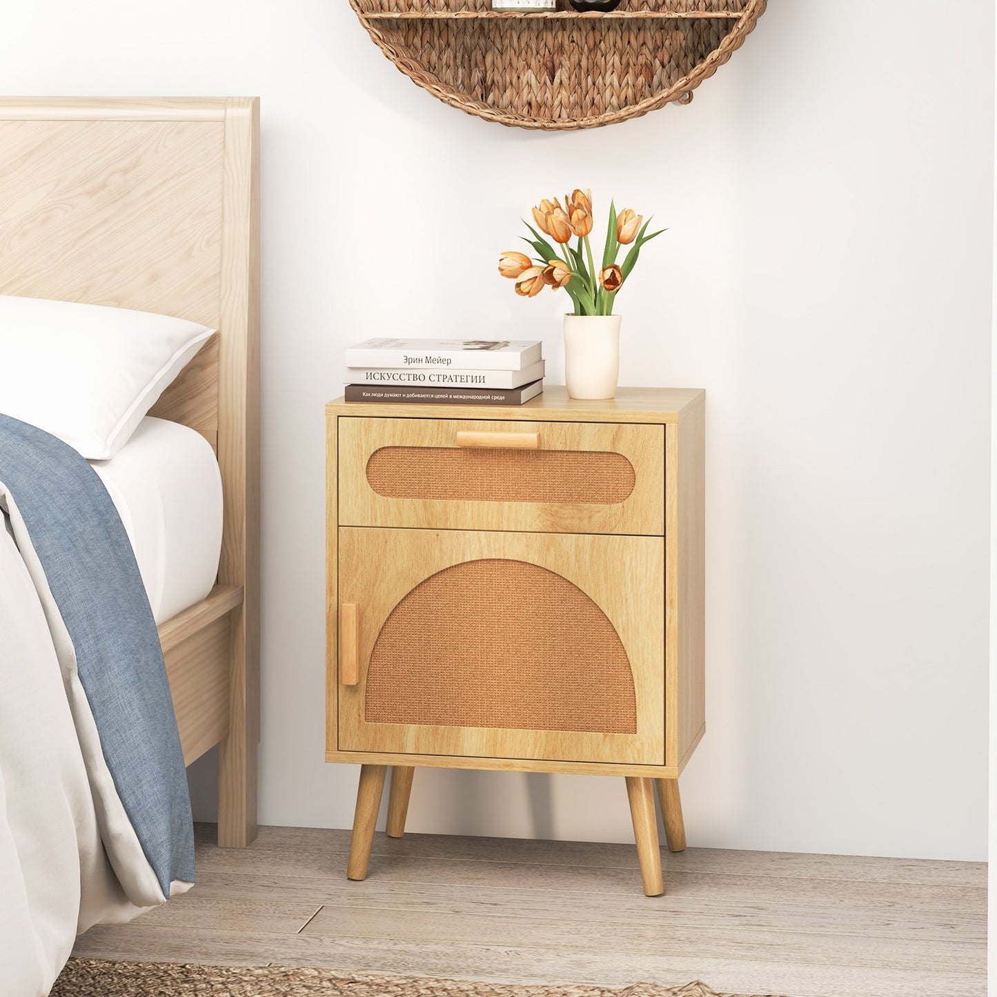 Rattan Nightstand Boho Bedside Table with Rattan-decorated Door-Natural