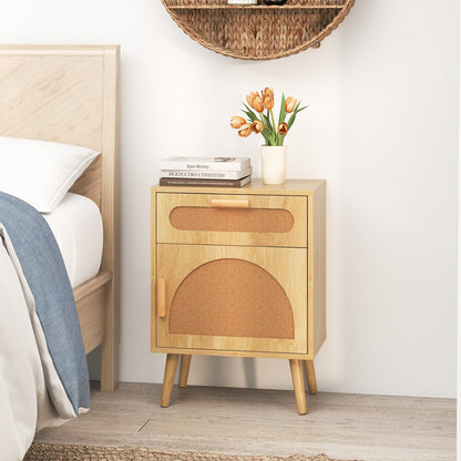 Rattan Nightstand Boho Bedside Table with Rattan-decorated Door-Natural