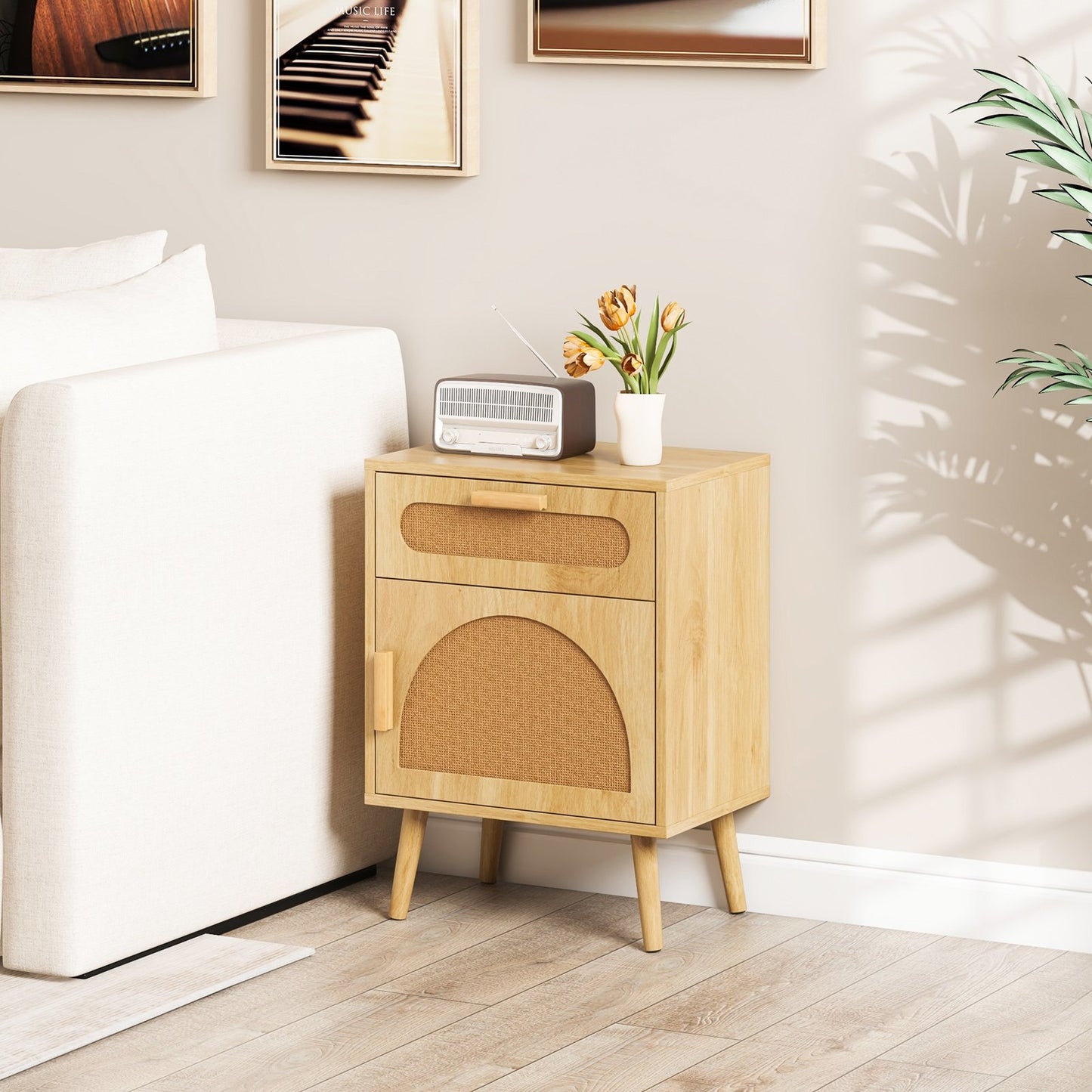 Rattan Nightstand Boho Bedside Table with Rattan-decorated Door-Natural