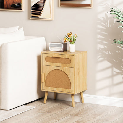 Rattan Nightstand Boho Bedside Table with Rattan-decorated Door-Natural