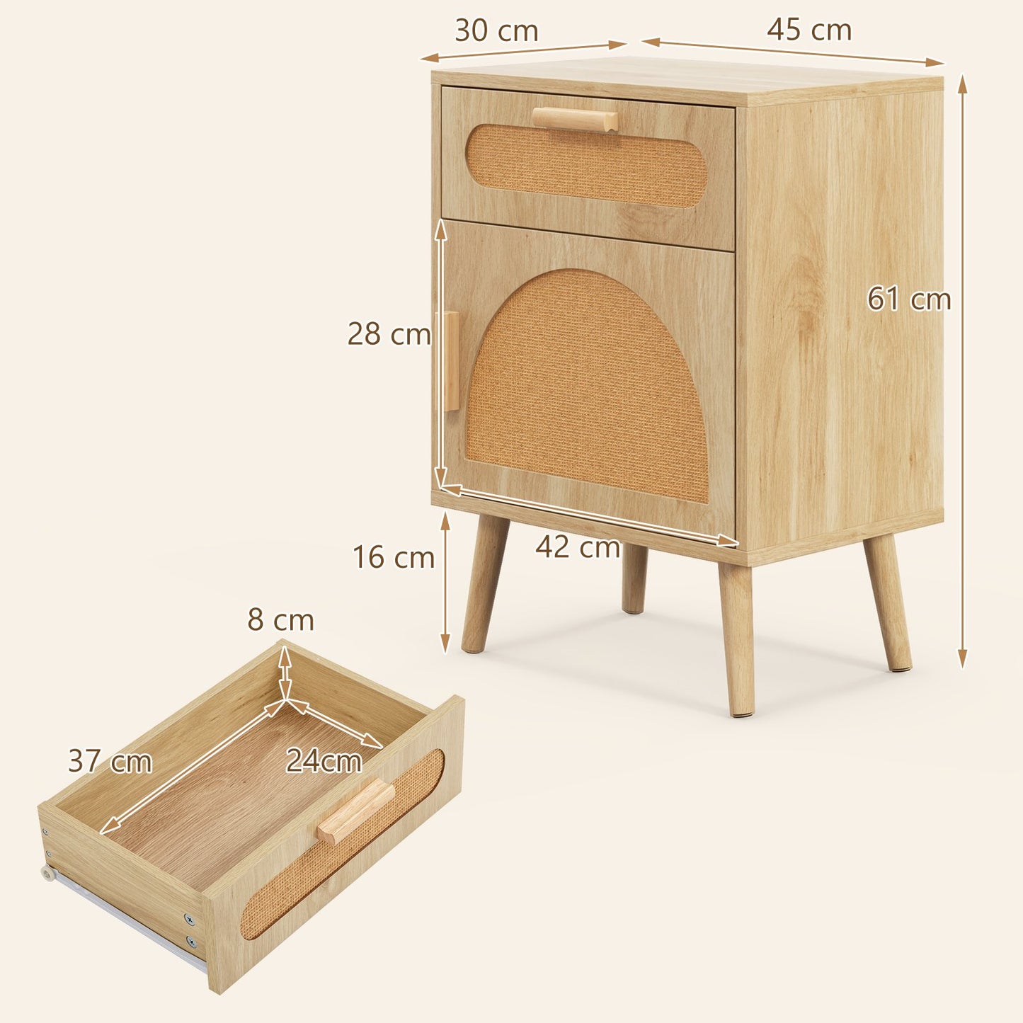 Rattan Nightstand Boho Bedside Table with Rattan-decorated Door-Natural
