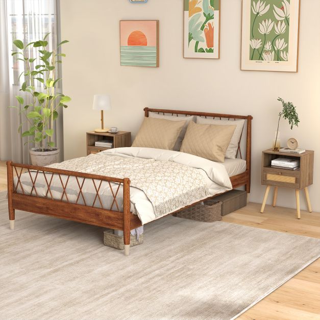 Rattan Nightstand Set of 2 with Rattan Drawer and Open Shelf-Natural