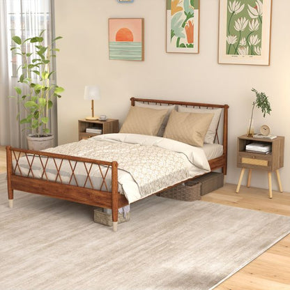 Rattan Nightstand Set of 2 with Rattan Drawer and Open Shelf-Natural