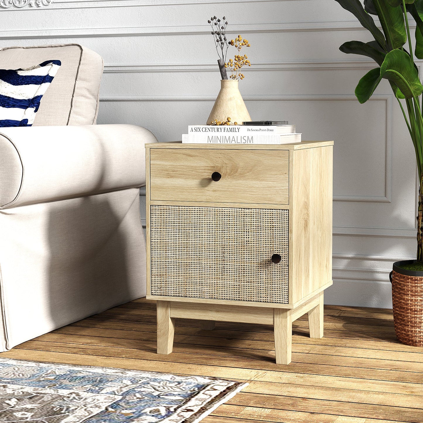 Rattan Nightstand with Storage Drawer and Cabinet-Natural