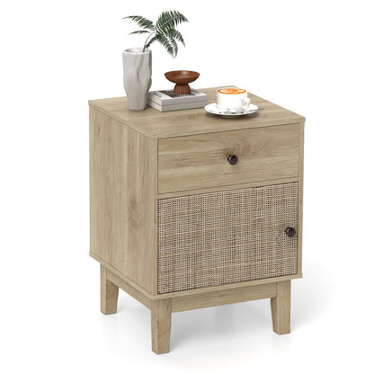 Rattan Nightstand with Storage Drawer and Cabinet-Natural