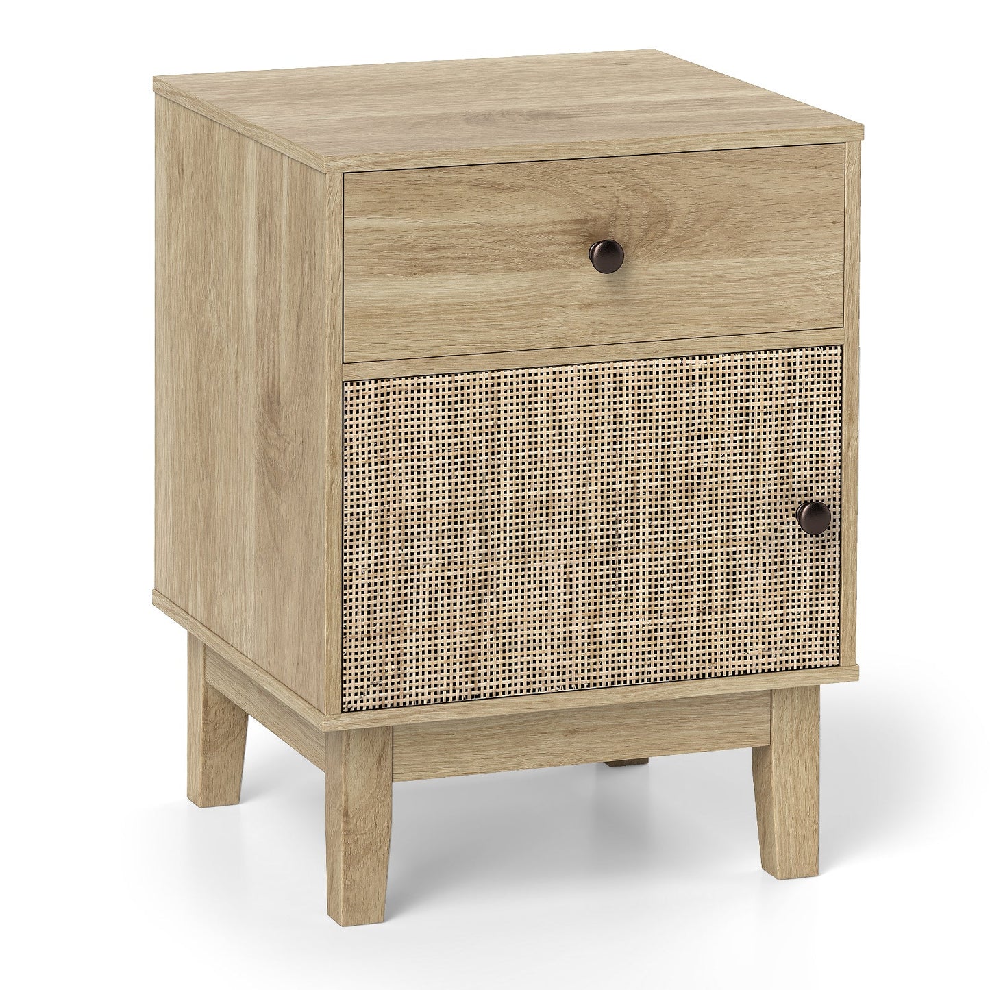 Rattan Nightstand with Storage Drawer and Cabinet-Natural