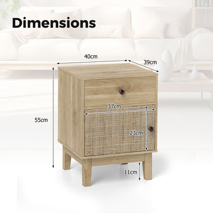 Rattan Nightstand with Storage Drawer and Cabinet-Natural