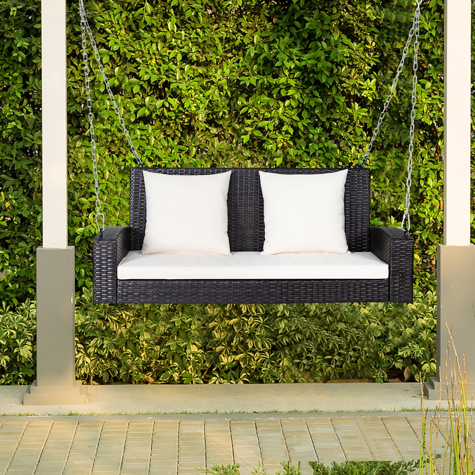 2-Seat Patio Rattan Porch Swing with Two Solid Steel Chains-White