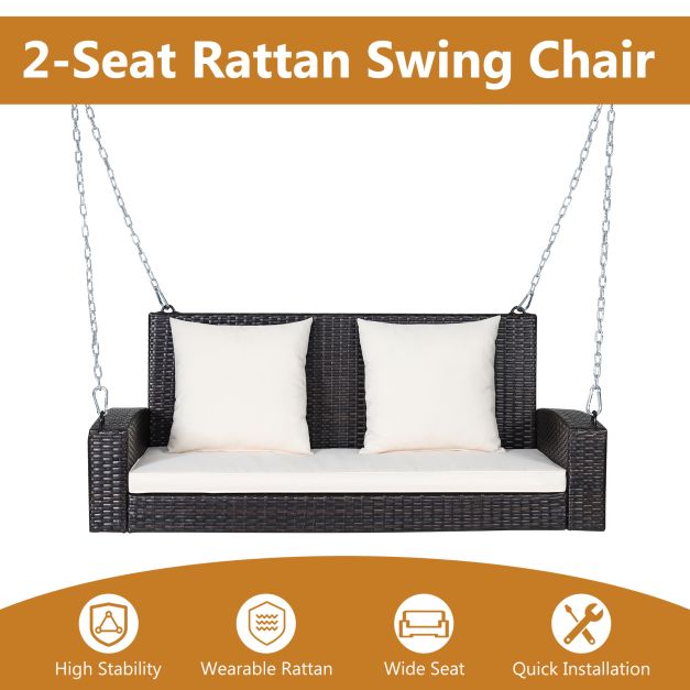 2-Seat Patio Rattan Porch Swing with Two Solid Steel Chains-White