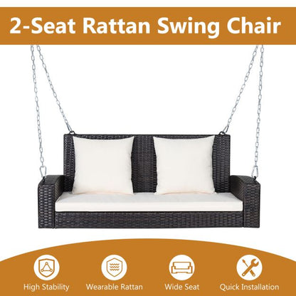 2-Seat Patio Rattan Porch Swing with Two Solid Steel Chains-White