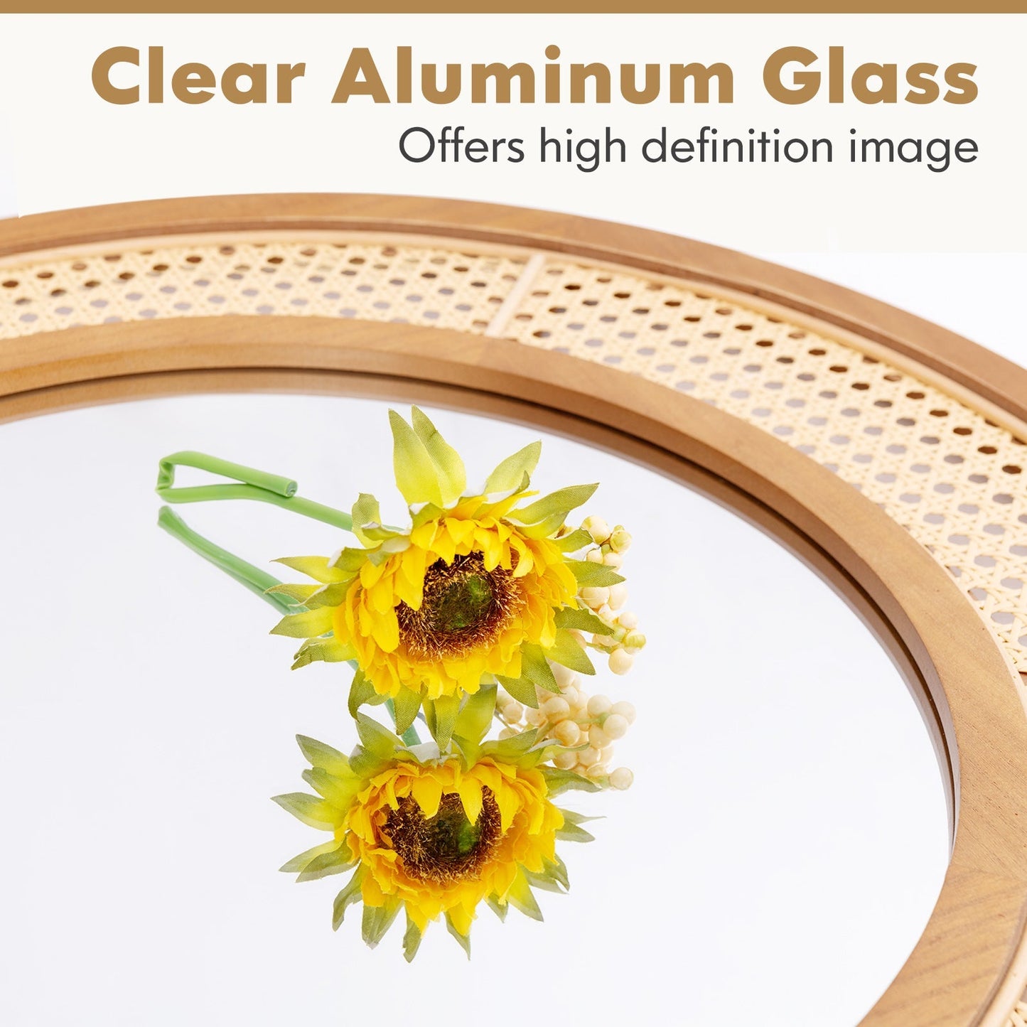 Rattan Round Wall Mirror with Aluminum Glass and Metal Hook -Natural