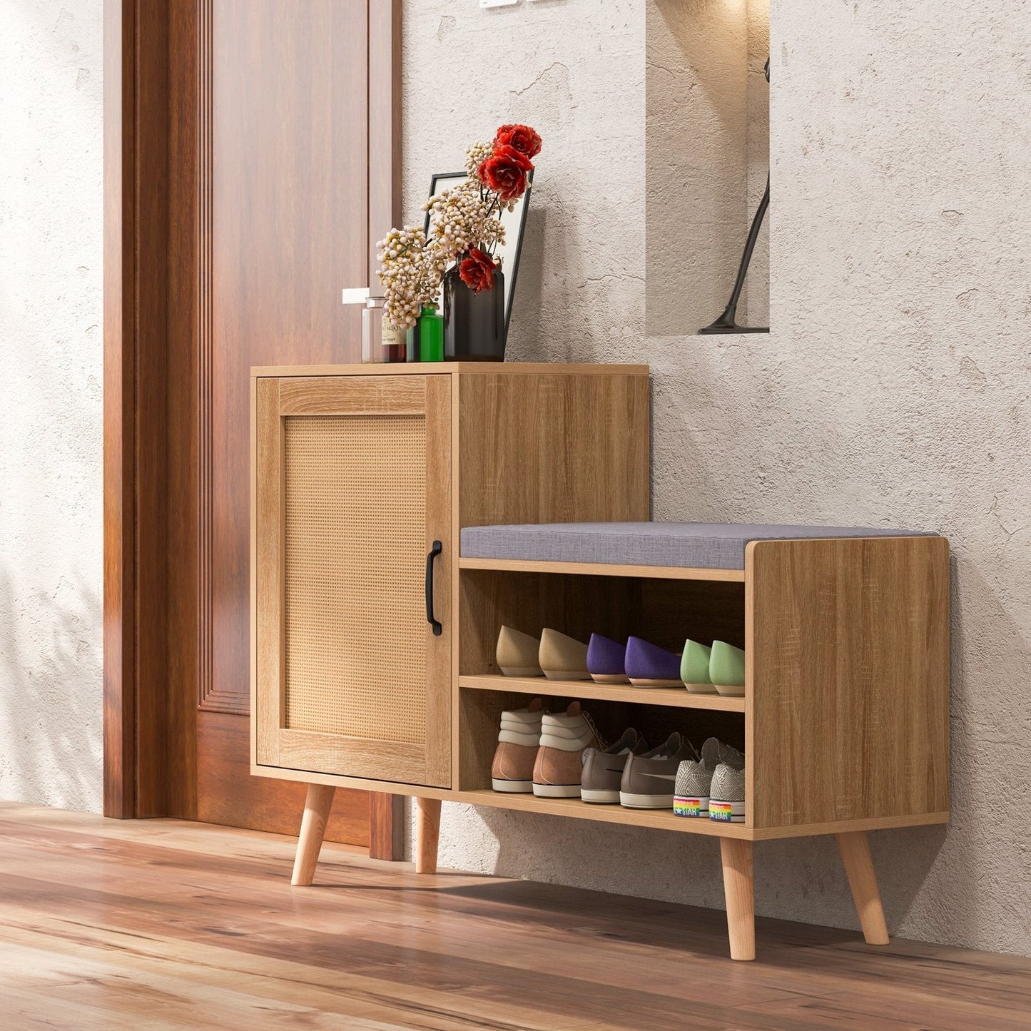 2-in-1 Rattan Shoe Cabinet with Bench and 3 Adjustable Shelves-Natural