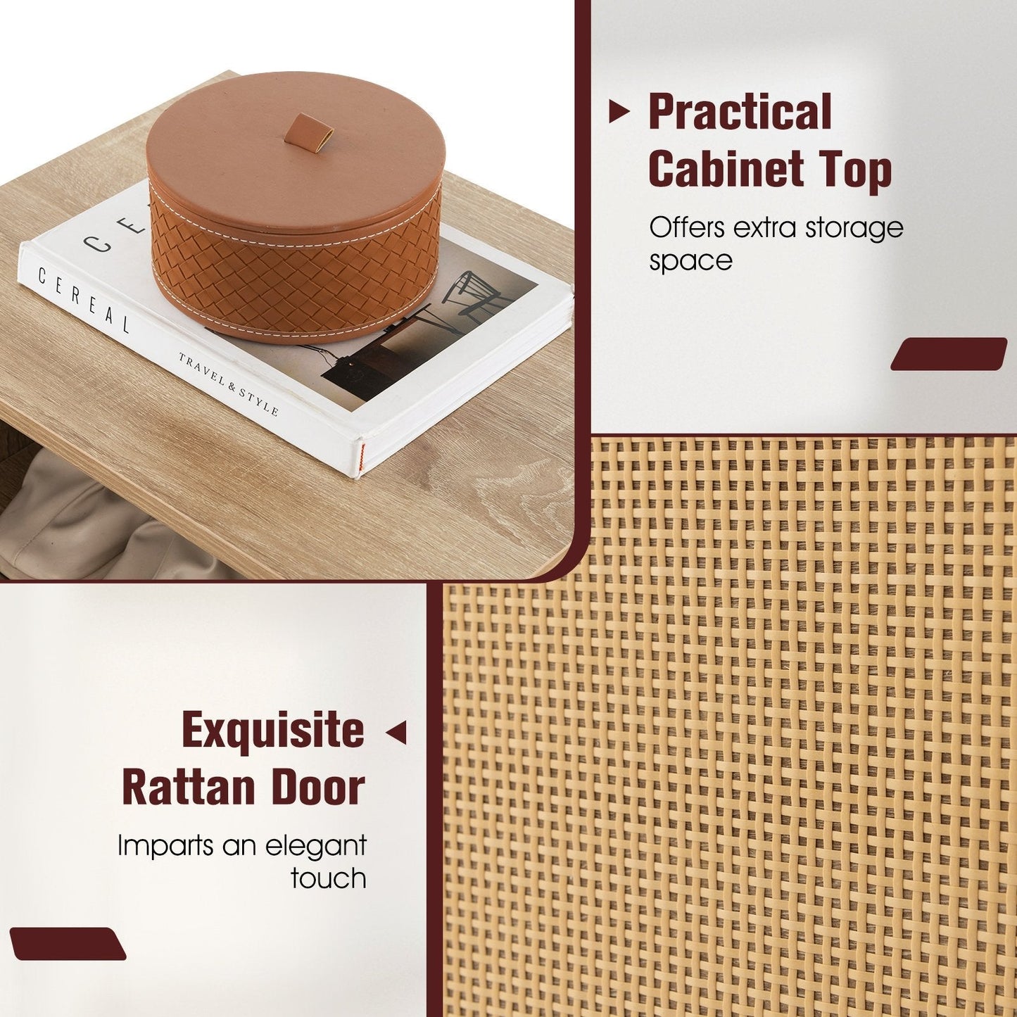 2-in-1 Rattan Shoe Cabinet with Bench and 3 Adjustable Shelves-Natural