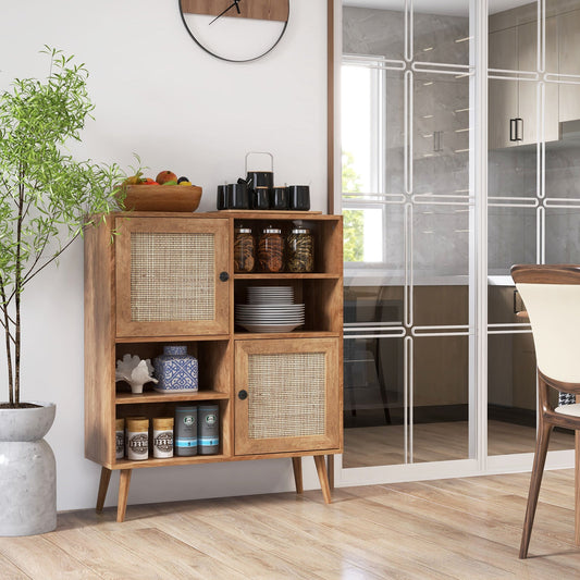 Rattan Sideboard Buffet Cabinet with 4 Cubbies and 2 Rattan-decorated Doors-Brown