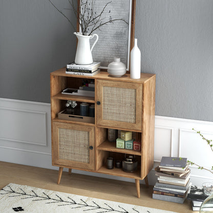 Rattan Sideboard Buffet Cabinet with 4 Cubbies and 2 Rattan-decorated Doors-Brown