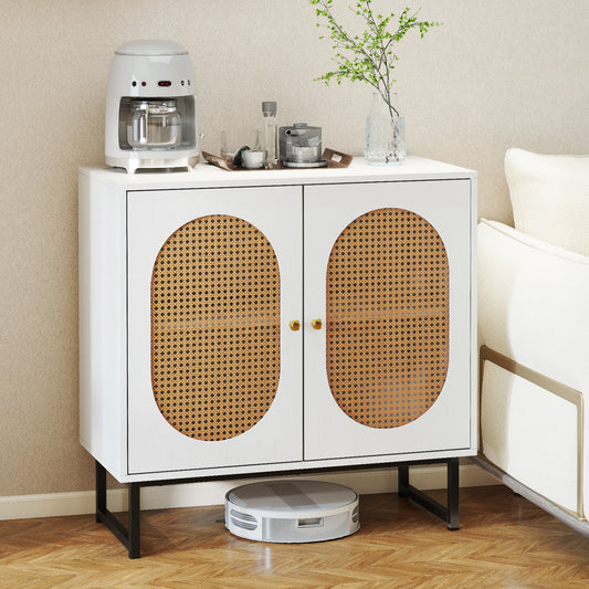 Buffet Cabinet Rattan Storage Cabinet Boho Sideboard-White