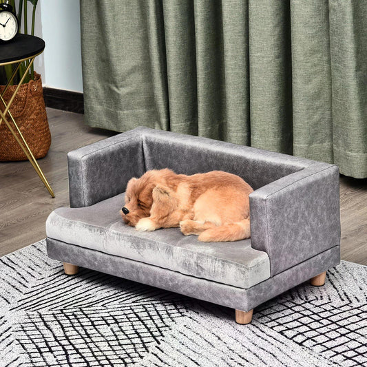 PawHut Dog Sofa Bed for Small-Sized Dogs, Elevated Pet Chair with PU Cover, Soft Cushion, Cat Couch Lounger with Anti-slip Legs - Grey