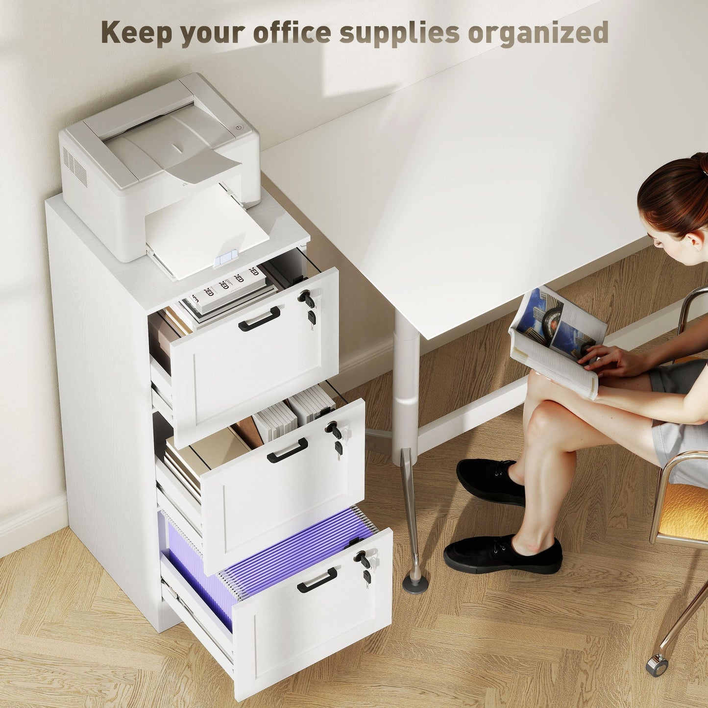 HOMCOM 3-Drawer Filing Cabinet with Lock - White