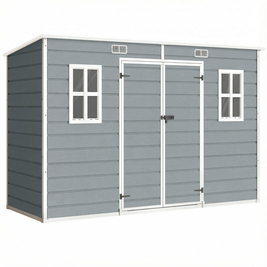 Outsunny 10 x 4 ft Resin Garden Shed, Outdoor Storage Shed with Floor, Windows, Lockable Doors and Vents, Grey