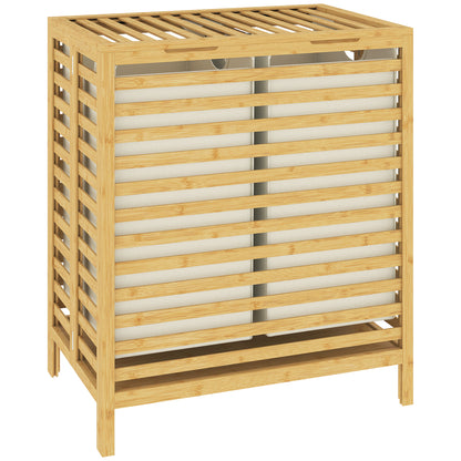 HOMCOM Bamboo Laundry Basket with Lid, 2 Baskets, Foldable, 64L, Natural and Cream White
